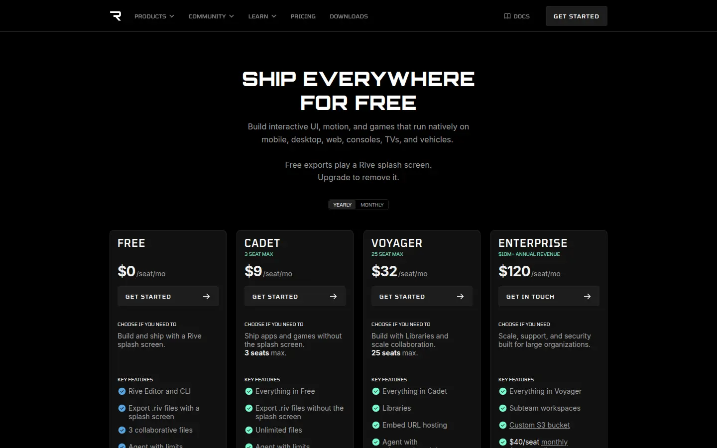 Rive pricing page, first screen, design by Rive