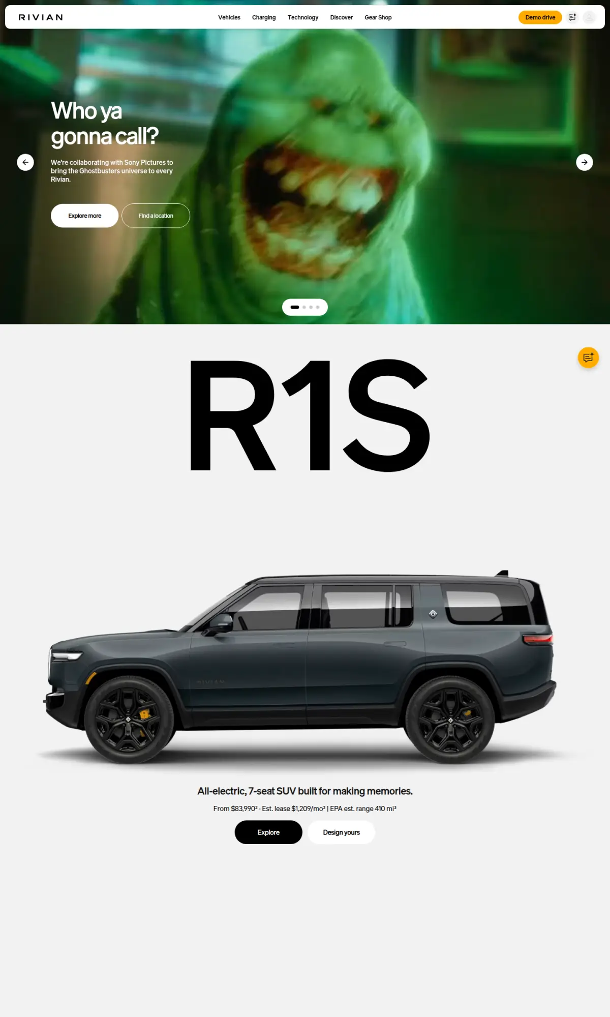 Rivian homepage, the page as you scroll