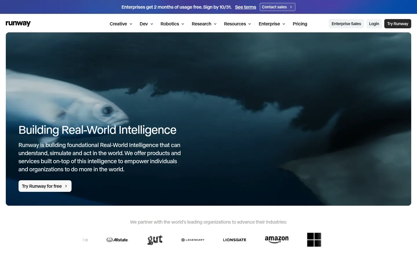 Runway homepage, first screen, design by Runway