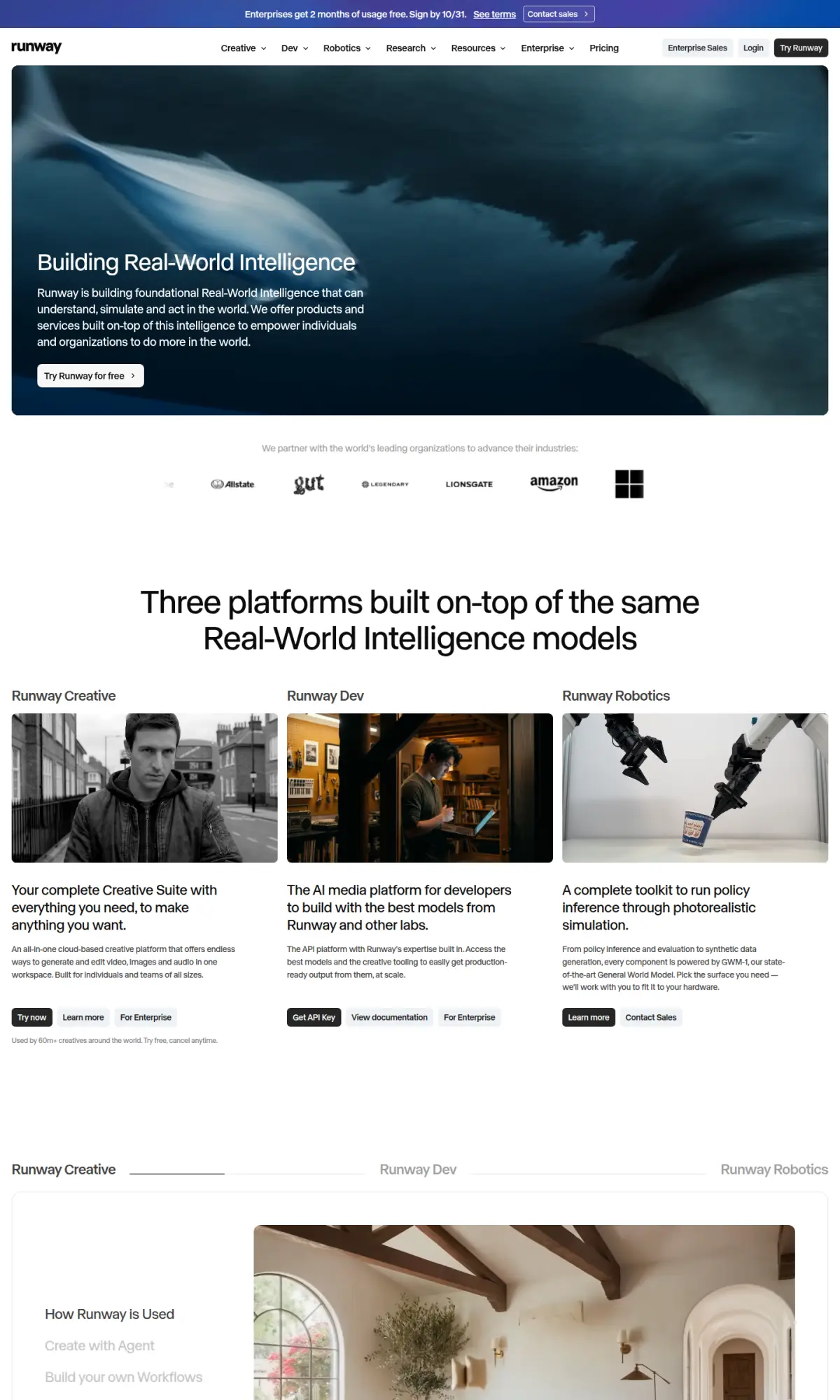 Runway homepage, the page as you scroll