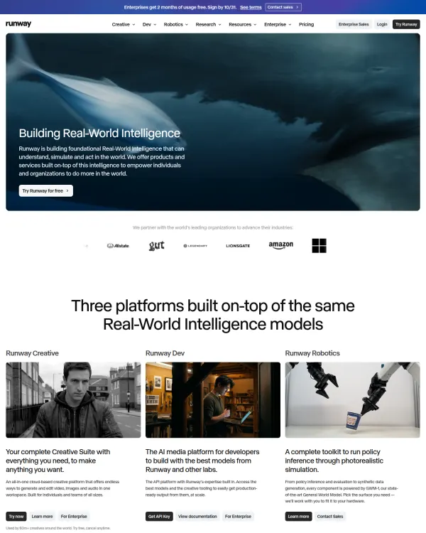 Runway homepage, design by Runway