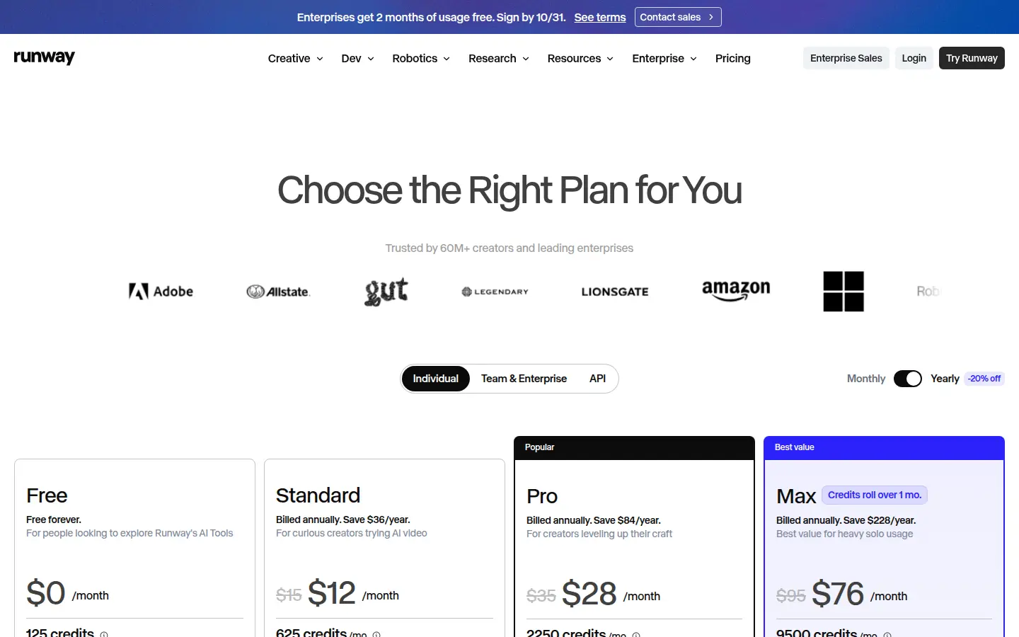 Runway pricing page, first screen, design by Runway