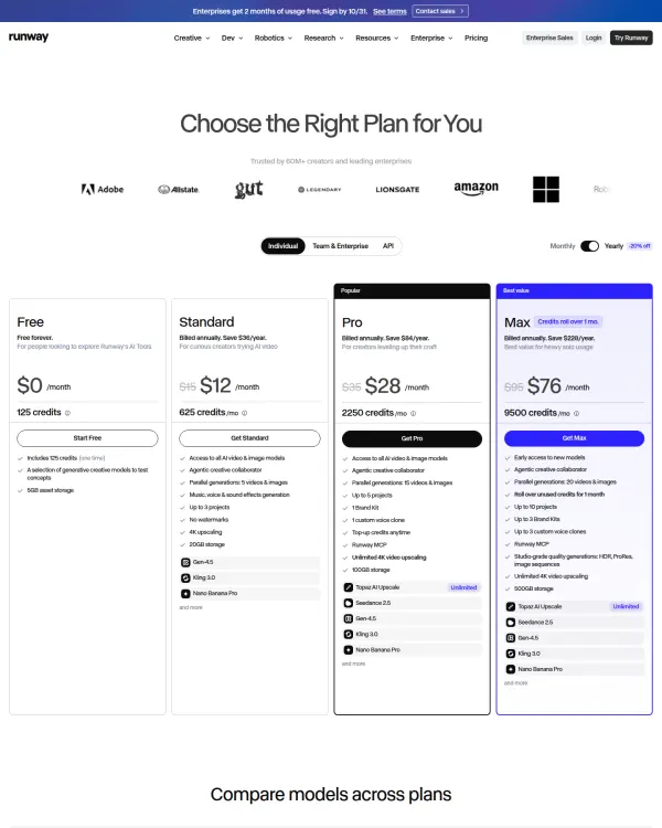 Runway pricing page, design by Runway
