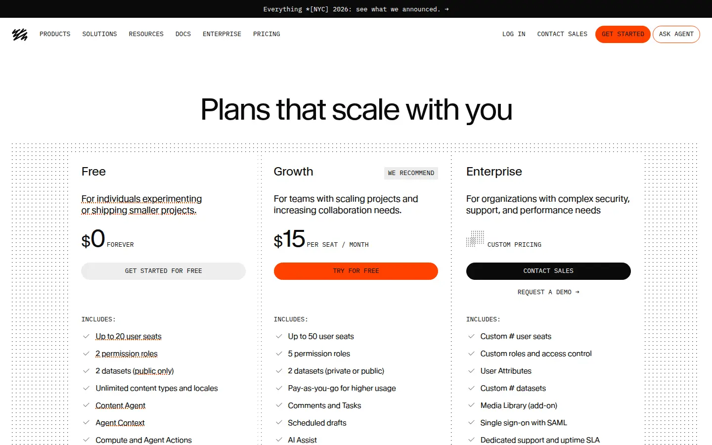 Sanity pricing page, first screen, design by Sanity