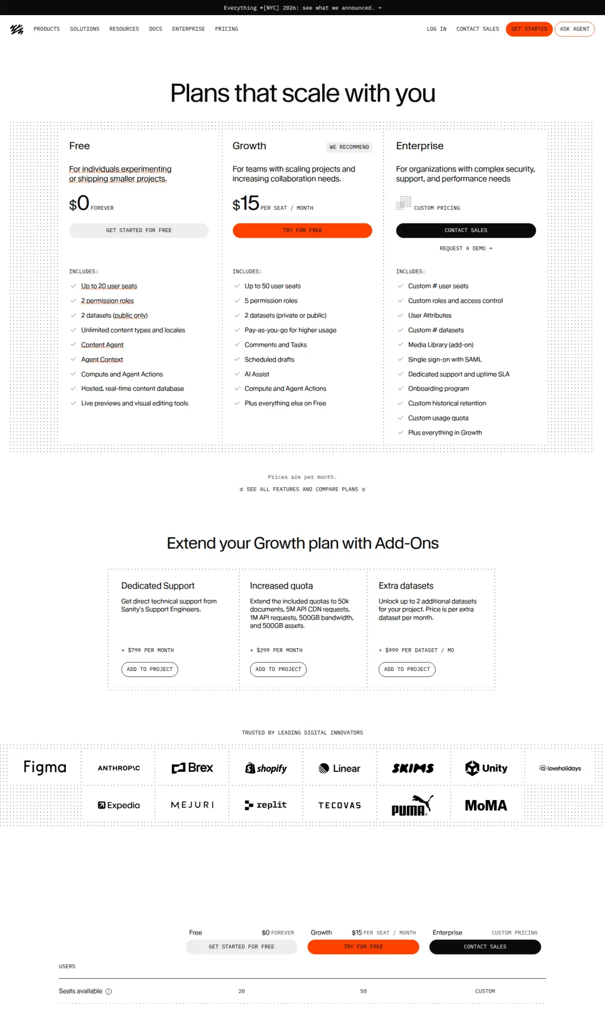 Sanity pricing page, the page as you scroll