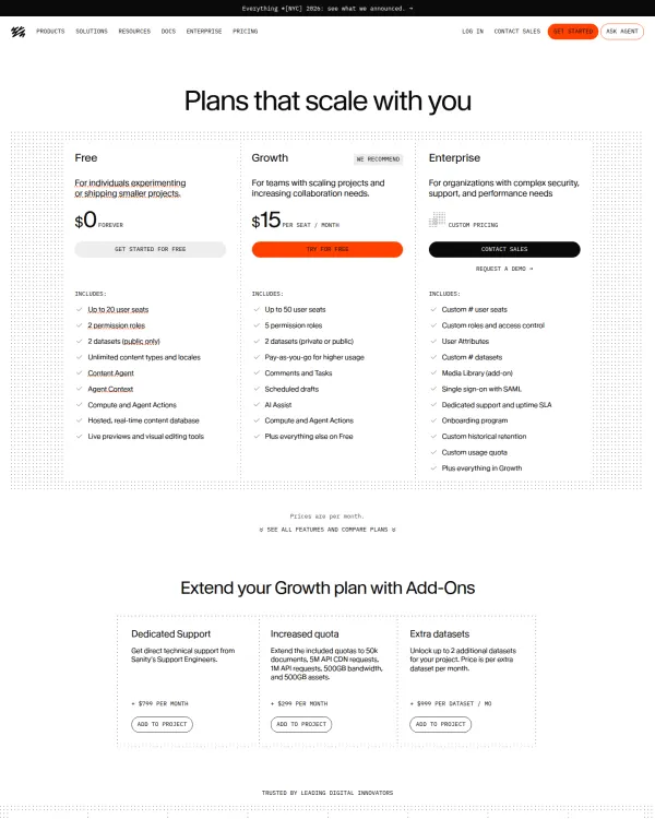 Sanity pricing page, design by Sanity