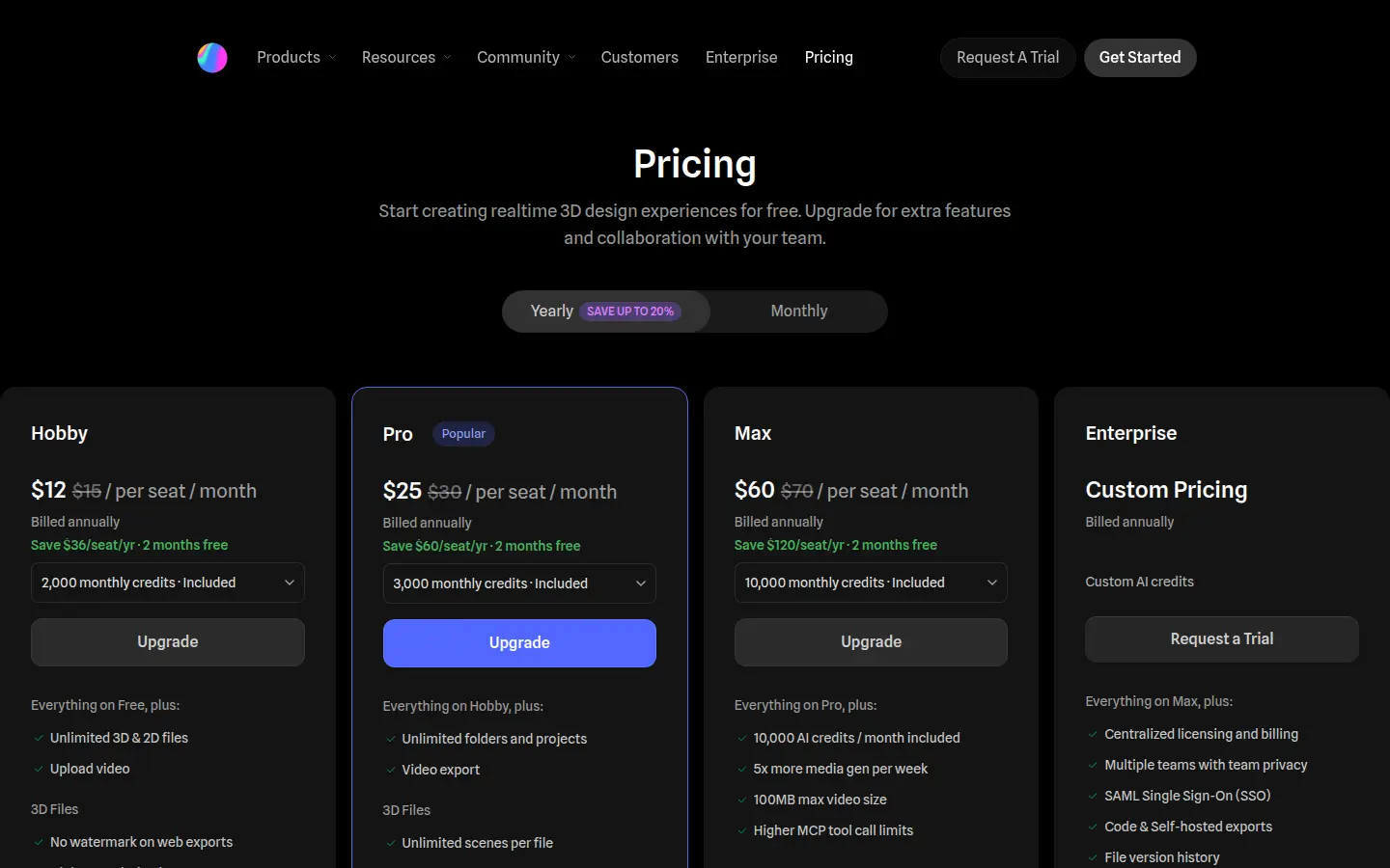Spline pricing page, first screen, design by Spline