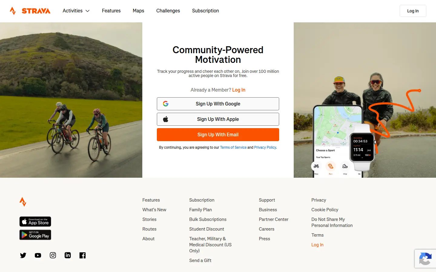 Strava homepage, landing page design by Strava