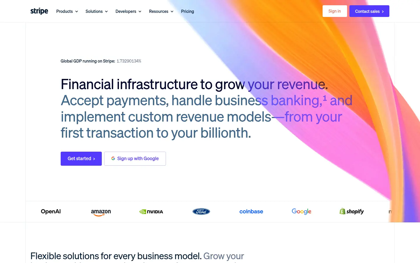 Stripe homepage, first screen, design by Stripe