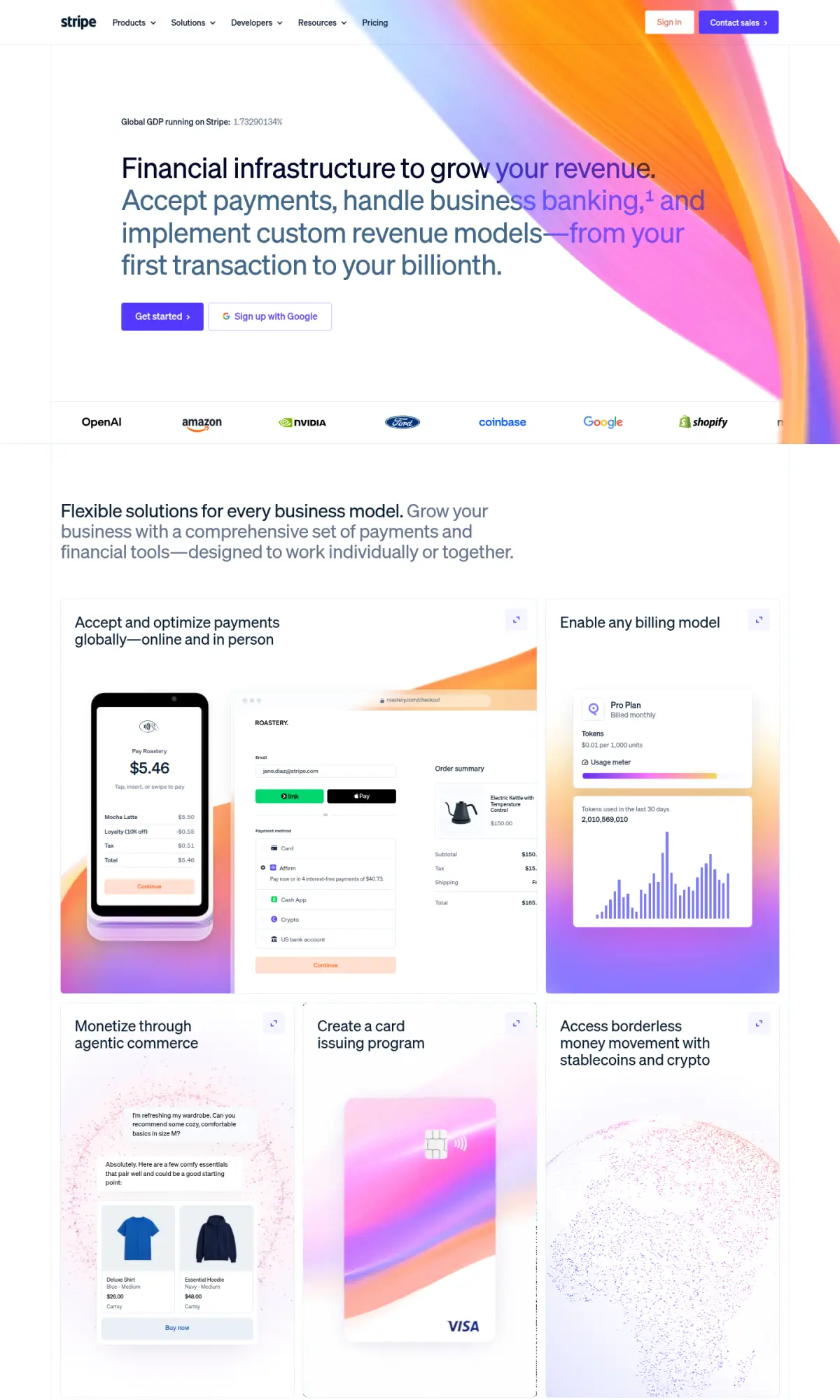 Stripe homepage, the page as you scroll