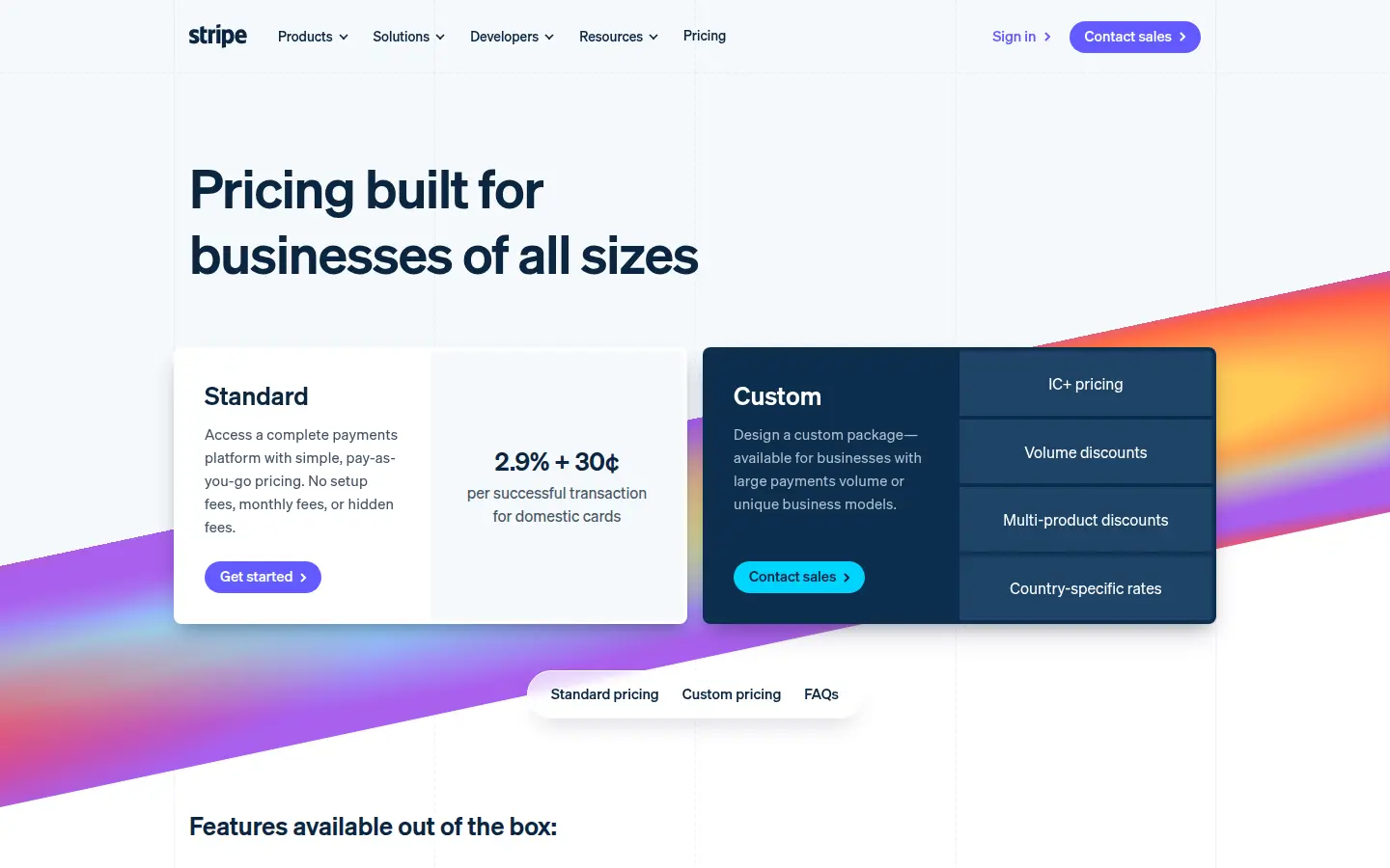 Stripe pricing page, first screen, design by Stripe