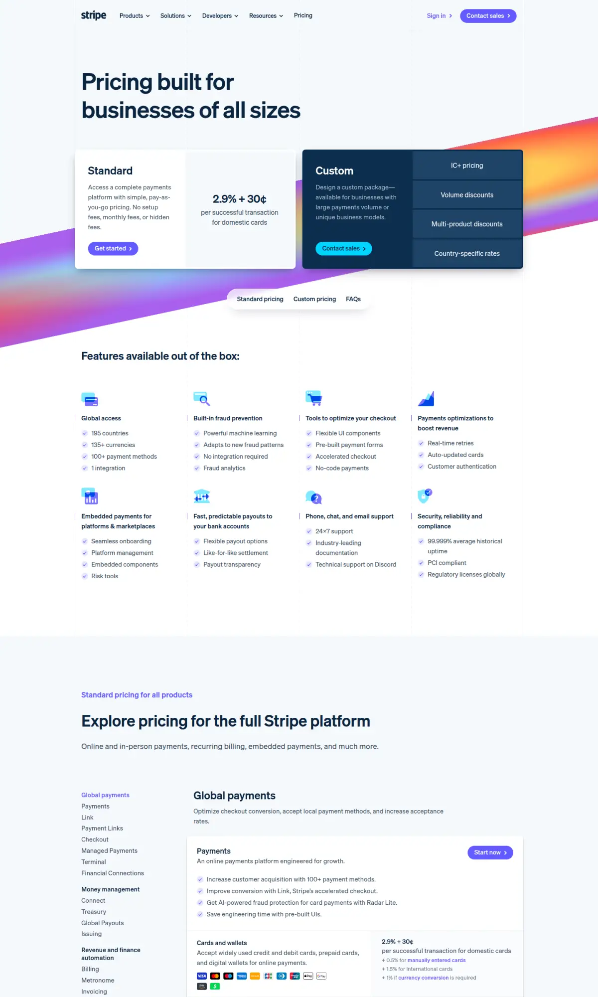 Stripe pricing page, the page as you scroll