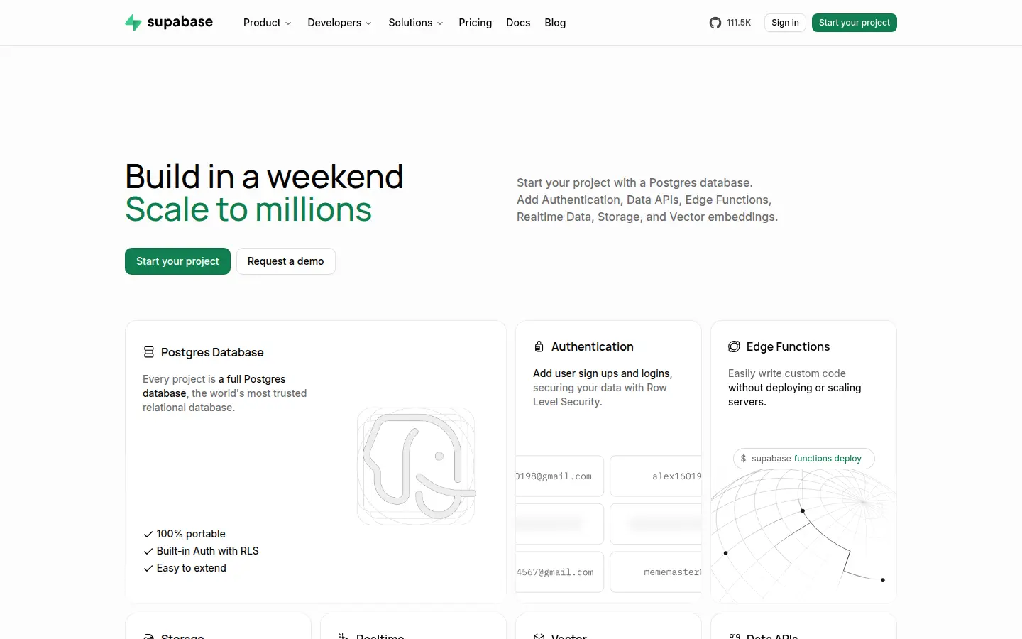 Supabase homepage, first screen, design by Supabase