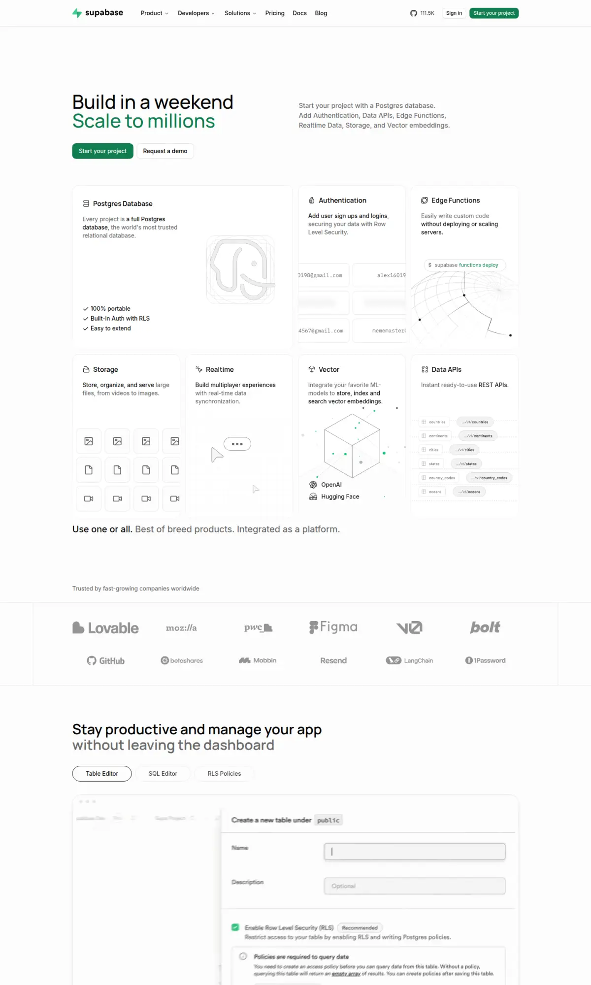 Supabase homepage, the page as you scroll
