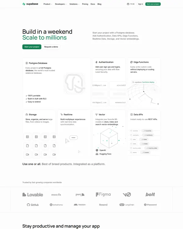 Supabase homepage, design by Supabase