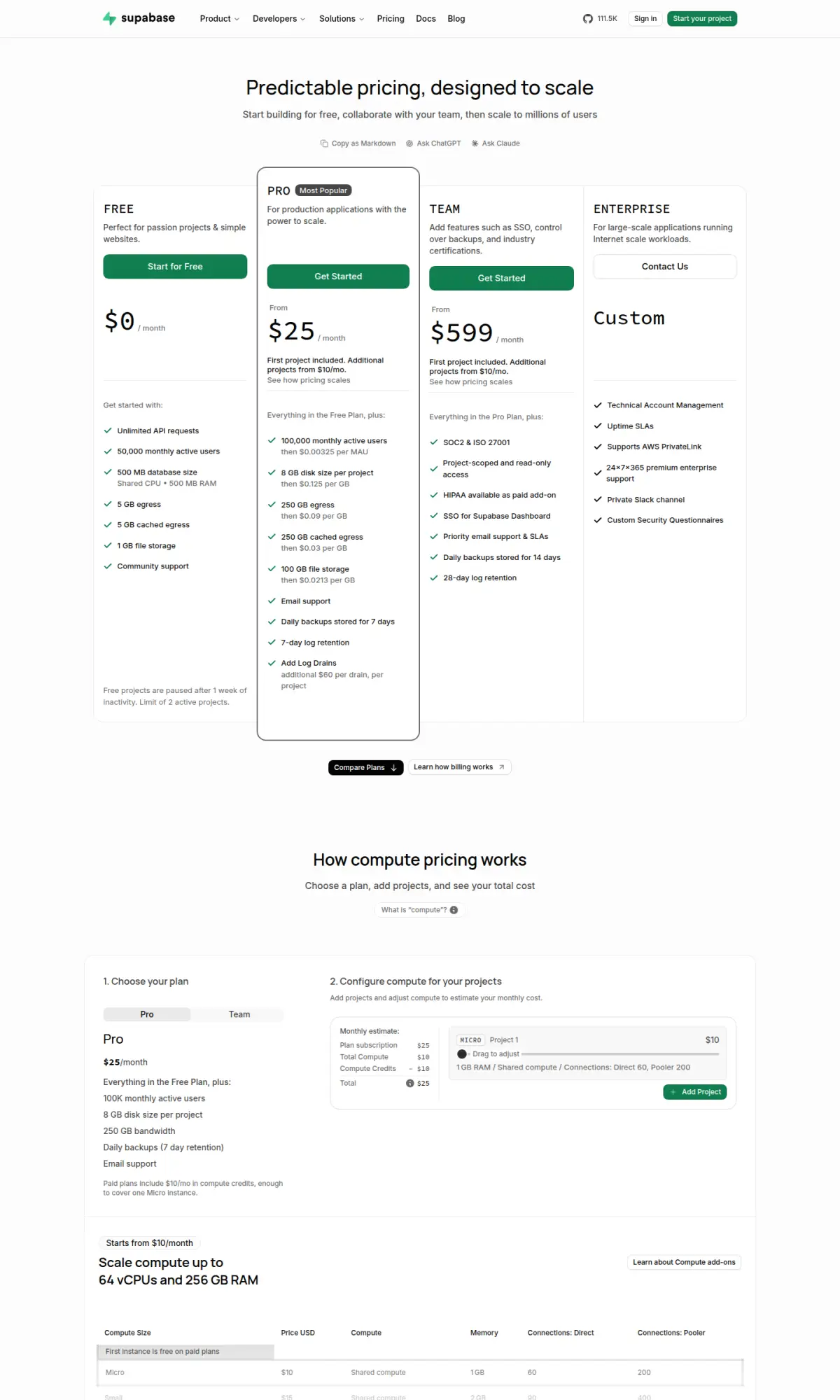 Supabase pricing page, the page as you scroll