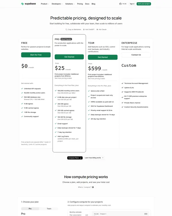 Supabase pricing page, design by Supabase