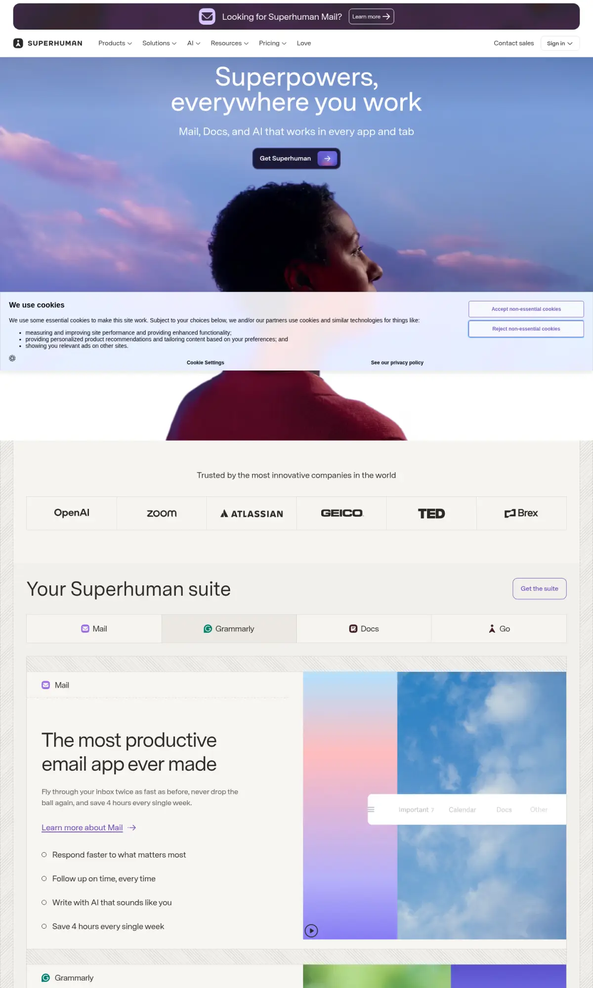 Superhuman homepage, the page as you scroll