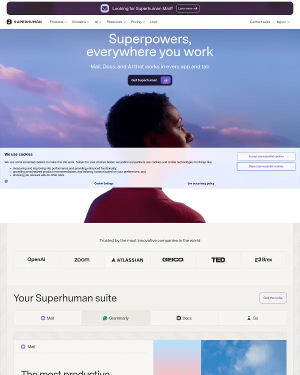 Superhuman homepage, design by Superhuman