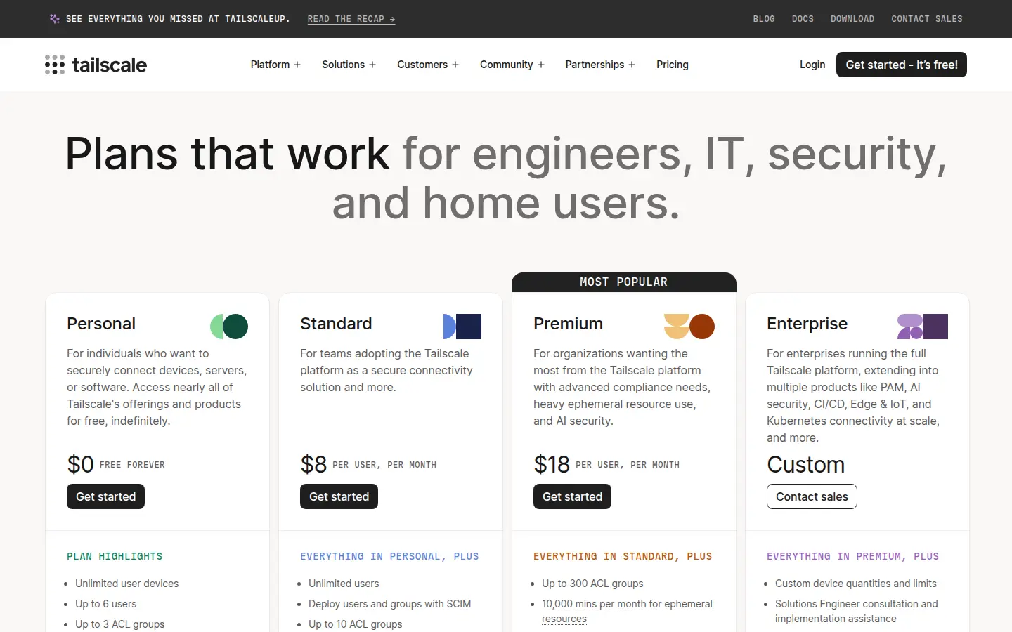 Tailscale pricing page, first screen, design by Tailscale