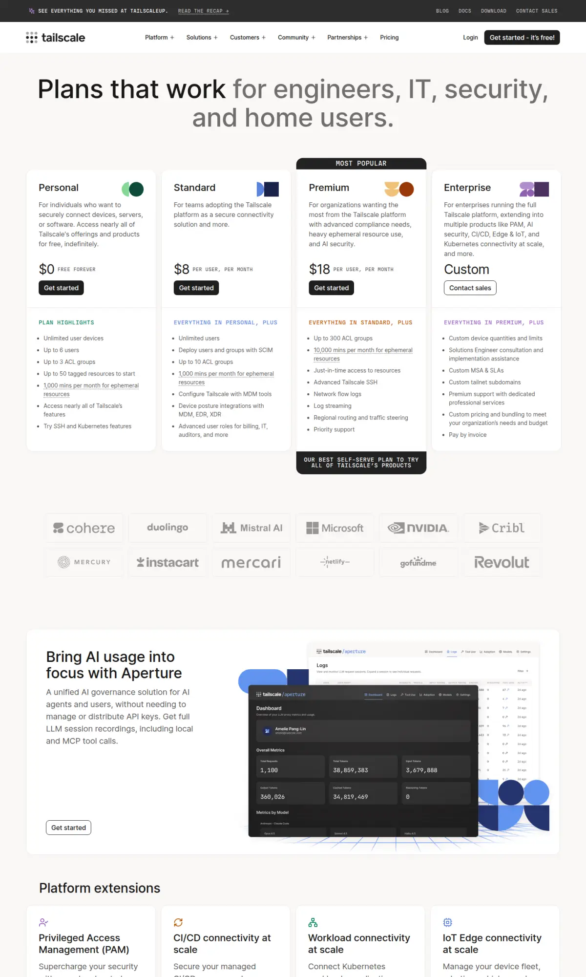 Tailscale pricing page, the page as you scroll