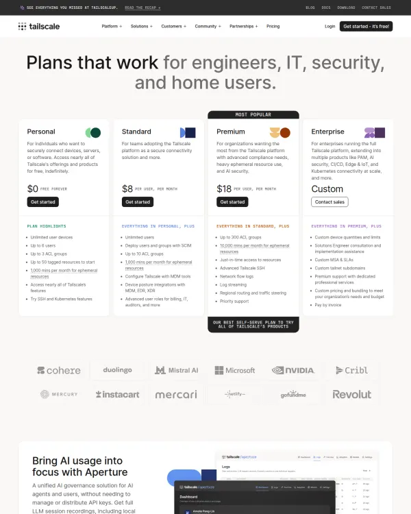 Tailscale pricing page, design by Tailscale