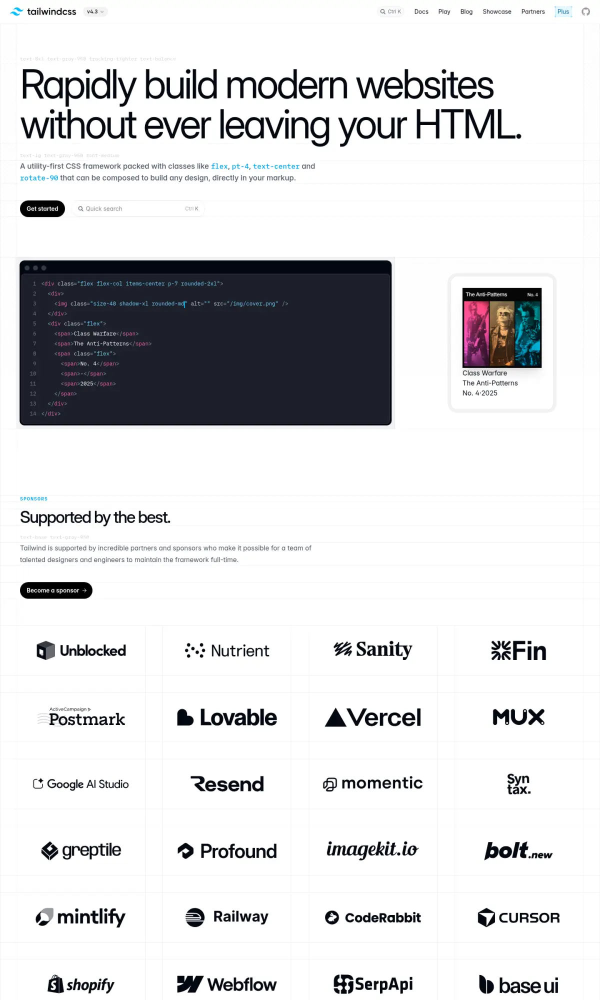 Tailwind CSS homepage, the page as you scroll