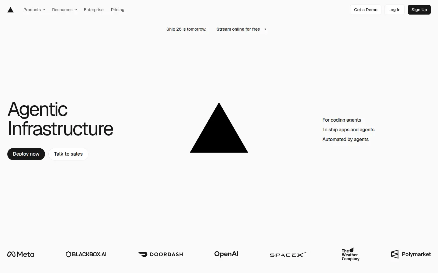 Vercel homepage, first screen, design by Vercel