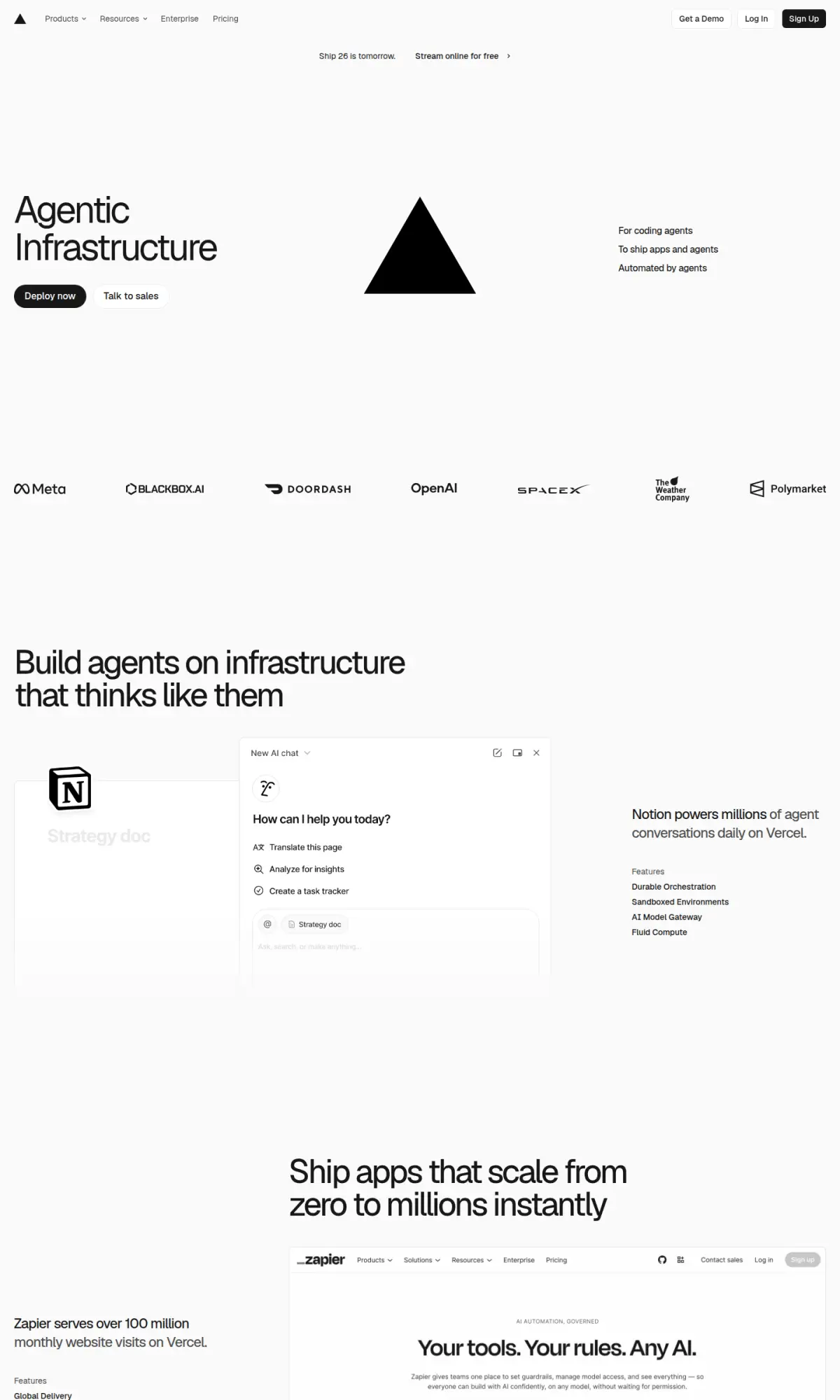 Vercel homepage, the page as you scroll