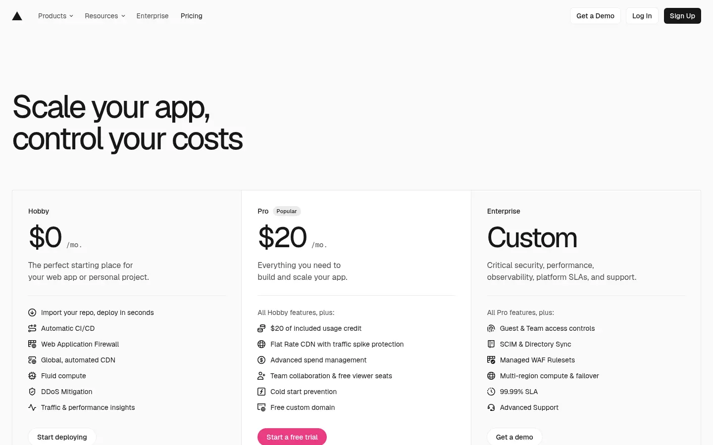 Vercel pricing page, first screen, design by Vercel