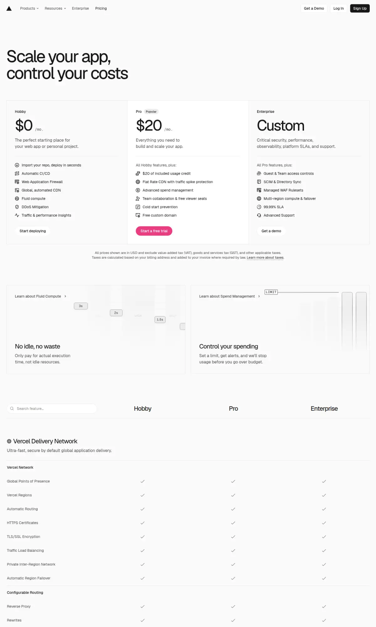 Vercel pricing page, the page as you scroll
