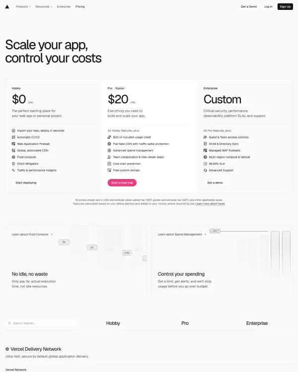 Vercel pricing page, design by Vercel