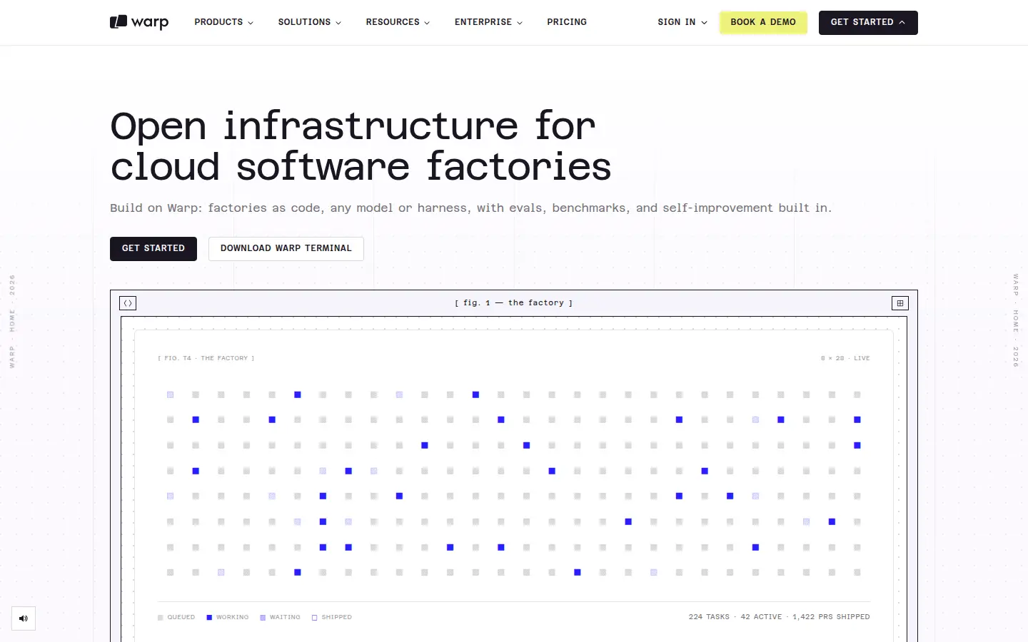 Warp homepage, first screen, design by Warp