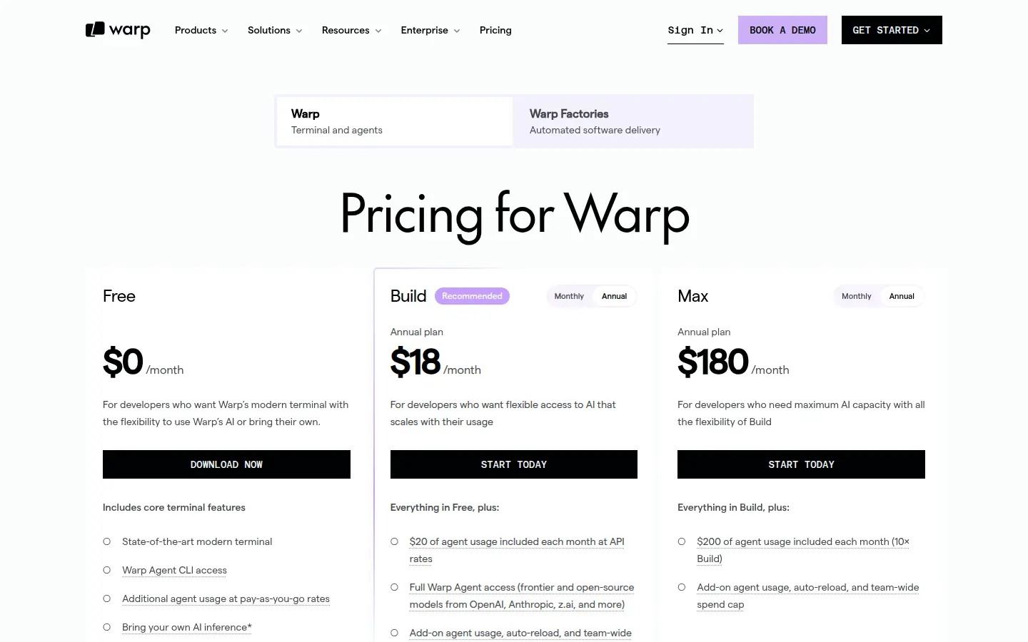 Warp pricing page, first screen, design by Warp