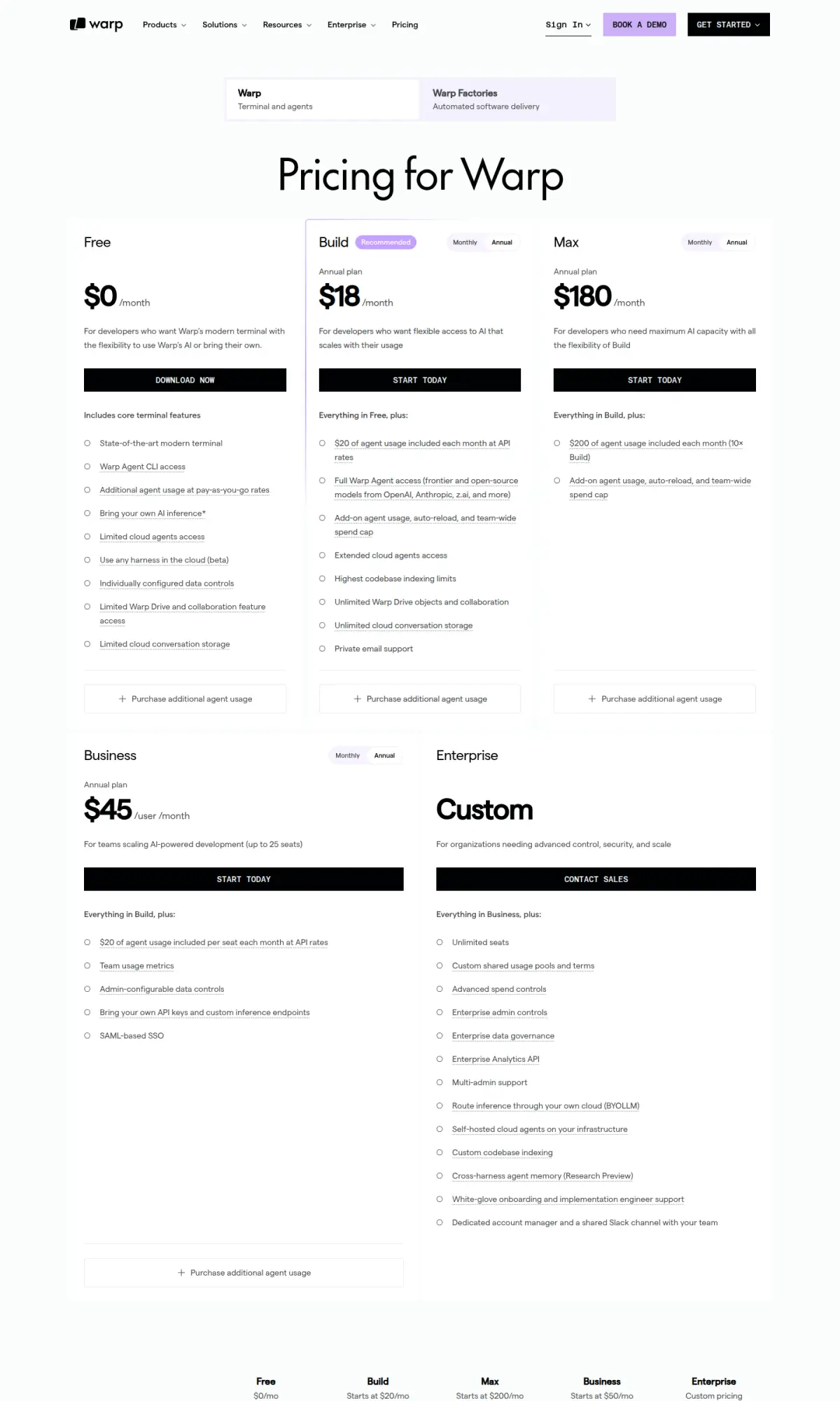Warp pricing page, the page as you scroll