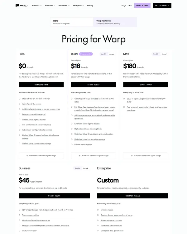 Warp pricing page, design by Warp