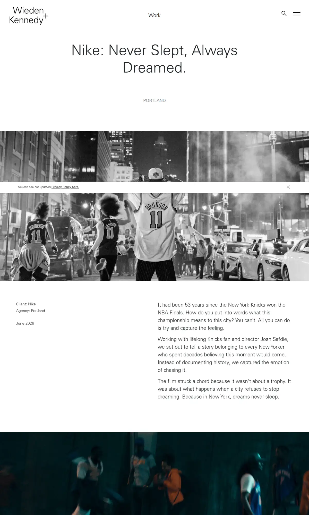 Nike "Never Slept, Always Dreamed" by Wieden+Kennedy, the page as you scroll